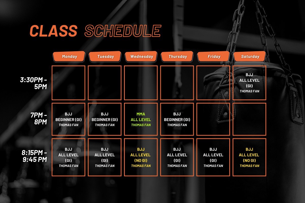 class timetable of brazilian jiu jitsu classes at Verano Boxing Club Hong Kong